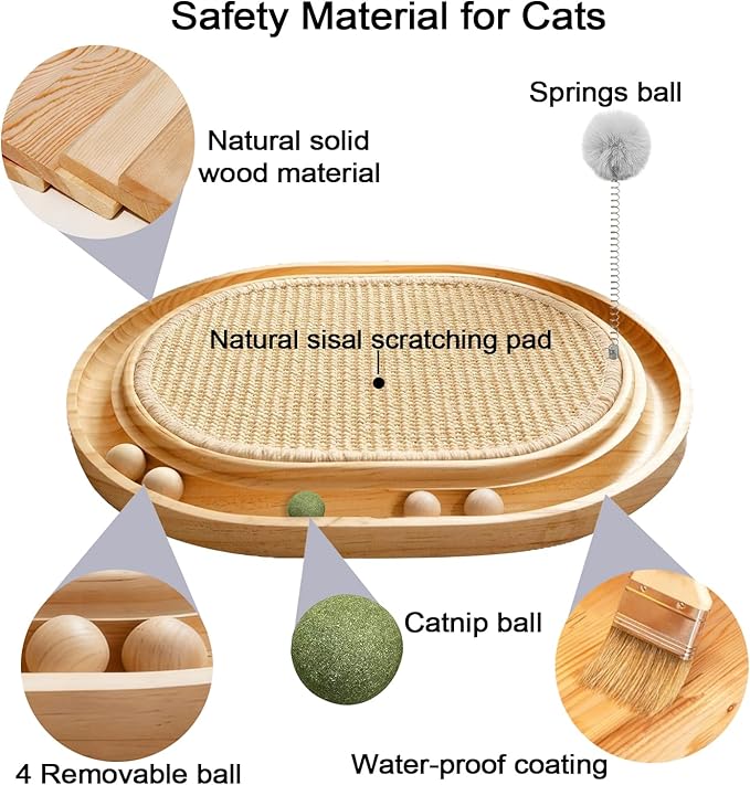 Natural Sisal Cat Scratcher Pad Wooden Interactive cat Toy with Ball Track Springs Ball for Chasing Hunting Physical Exercise Kitten Toys Cat Scratching Mat for Indoor Cats Furniture Protection