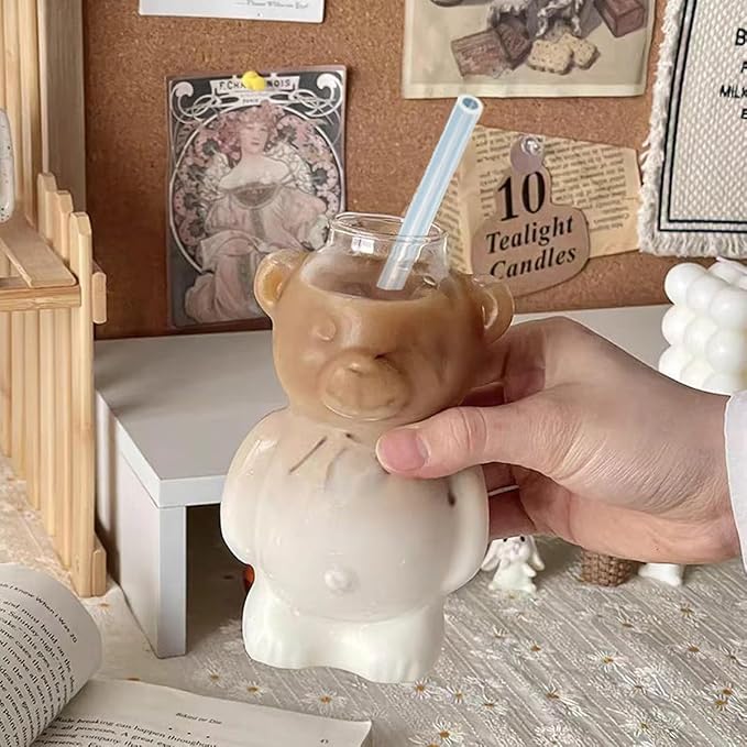 Glass Teddy Bear Cup with Straw - 10 oz Adorable Bear Glass Mug for Coffee, Wine & Cocktails - Cute Honey Straw Cup