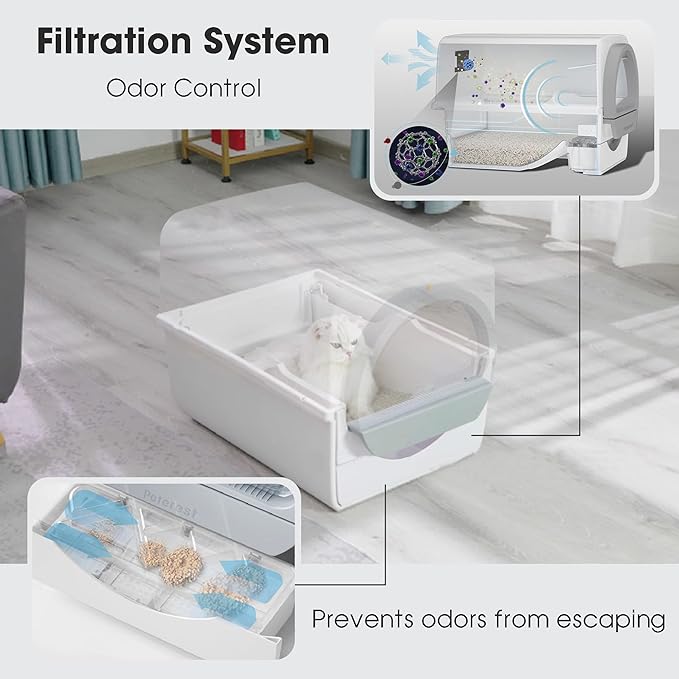 Self Cleaning Cat Litter Box Odor Control, Pull and Scoop Litter Box with Enclosed Lid, Covered Non-Electric Semi-Automatic Self Cleaning Litter Boxes for Large Cats, White& Gray