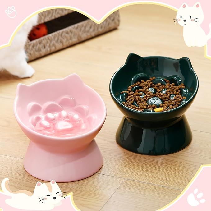 2 Pcs Ceramic Raised Slow Feeder Cat Bowl, 5.91inch Elevated Cat Slow Feeder Bowl Tilted Anti Vomiting for Dry Wet Food and Water Easy to Clean High Edge(Dark Green, Pink)