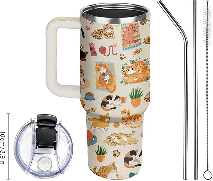 Orange Cat Tumbler 40oz with Handle - Funny Cat Lady Gifts for Women, Insulated Travel Coffee Mug, Cute Kitty Cup for Cats Lovers Mom, Christmas Birthday Present