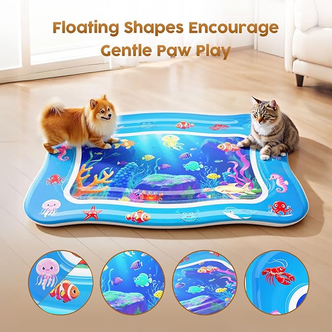 Cat Water Mat - Interactive Cat Toys Upgraded Thickened 0.7mm PVC Cooling & Heating Water Bed with Floating Fish, Anti-Scratch Leak Proof Foldable Water Sensor Play Mat for indoor/Outdoor Cats
