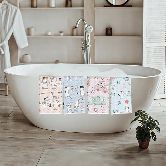 Lovdazzles 4 Pcs Cute Cat Kitchen Towels, Pastel Decorative Absorbent Microfiber Dish Cloth Tea Towel, Naughty Cats Waffle Soft Hand Towels for Farmhouse Home Bathroom Kitchen Decor, Cat Lover Gifts