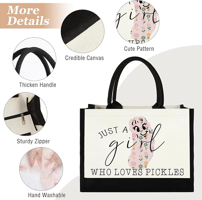 GevGuxLuo Canvas Tote Bag for Women, Cute Pickles Gifts for Pickle Lover,Pickle Lover Gifts Aesthetic Beach Bag Reusable Grocery Bag, Birthday Christmas Gift for Daughter Friend Sister Bestie