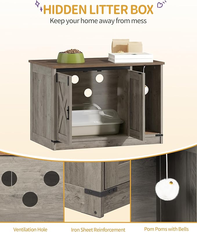Cat Litter Box Enclosure, Hidden Litter Box Cabinet Furniture with Bell, Indoor Cat House, Farmhouse Style, 31.5 x 19.7 x 20.9Inches, for Hallway, Bedroom, Light Ivory and Brown CB82405X