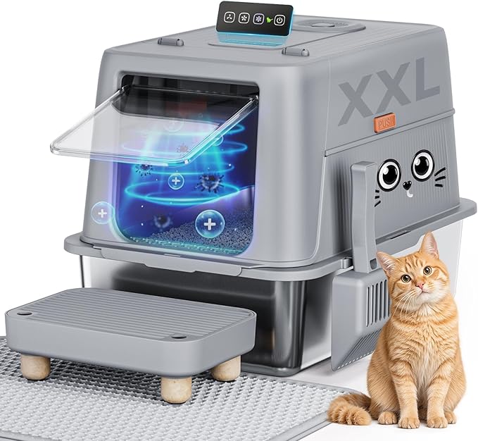 GTPLAYER XXL Stainless Steel Cat Litter Box with Lid, Smart Odor Control Enclosed Litter Box for Cats, Infrared Sensor Auto Pause, Non-Stick Anti-Leak High-Sided, with Mat, Scoop & Step, Curious Kitty