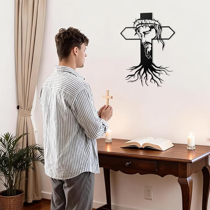 MDFUGEG Metal Cross Jesus Wall Decor-14.5x11.4in Black Religious Wall Art for Christian Catholic | Home Church Living Room Bedroom Decor, Baptism Mother's Day Religious Gifts