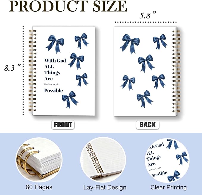 Bible Journal Spiral Notebook, Coquette Blue Bow Bible Study Supplies, Christian Gifts for Women Girls, 5.5x8.3 Inch - A02