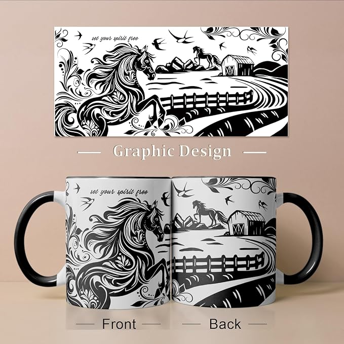 Horse Mug 11 Oz Horse Gifts Mothers Day Birthday Gifts for Women Men, Black and White Boho Mug Equestrian Gift Birthday Gift, Graduation Gift for Women Men, Ceramic Cup Microwave & Dishwasher Safe