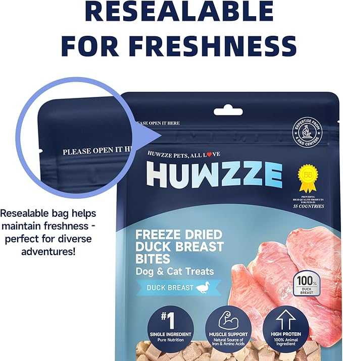 Freeze Dried Duck Breast Treats for Dogs & Cats, Single Ingredient High Protein Training Treats, Grain Free Raw Diet Meal Topper, 6 oz