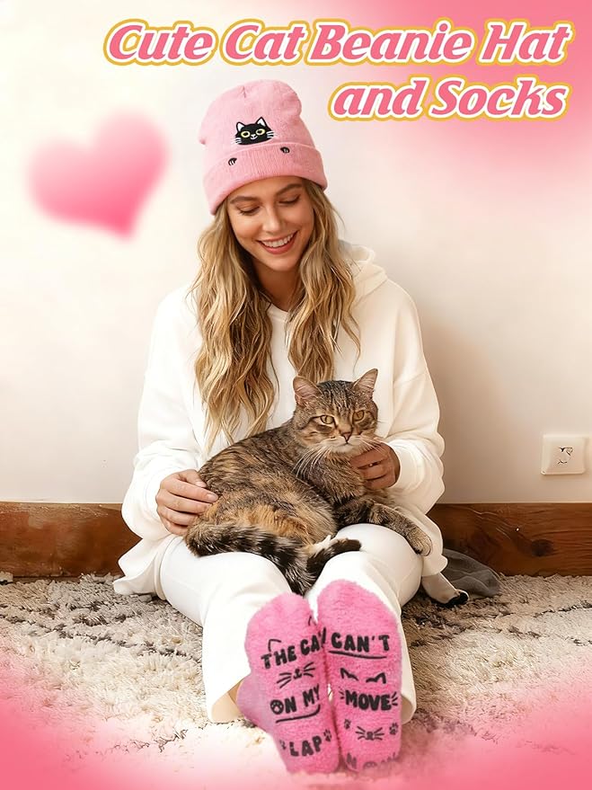 Cat Beanie and Funny Socks for Women - Cute Warm Gifts for Cat Lovers