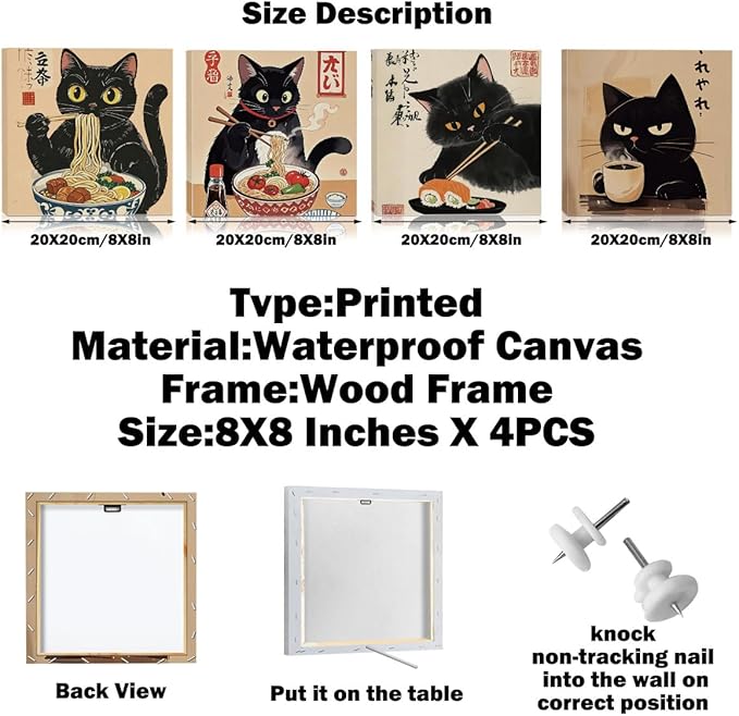 4 PCs Kawaii Japanese Ramen Cats Canvas Wall Art Framed Wall Decor, Cat Lover Gifts, Cat Themed Gifts Art Prints Paintings, Pictures Home Decor for Kithchen Dining Room Bedroom Farmhouse