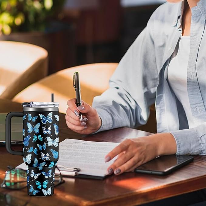 Butterfly Tumbler 40oz with Handle - Blue Butterfly Gifts for Women, Insulated Stainless Steel Water Bottle with Straw, Cute Travel Coffee Mug Cup for Mom Her Birthday Christmas