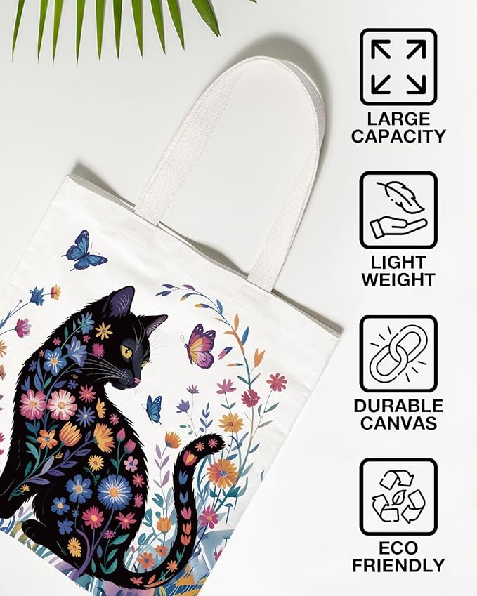Cute Cat Canvas Tote Bag for Women Funny Cat Bag for Shopping Work Travel Lover Totes Gifts
