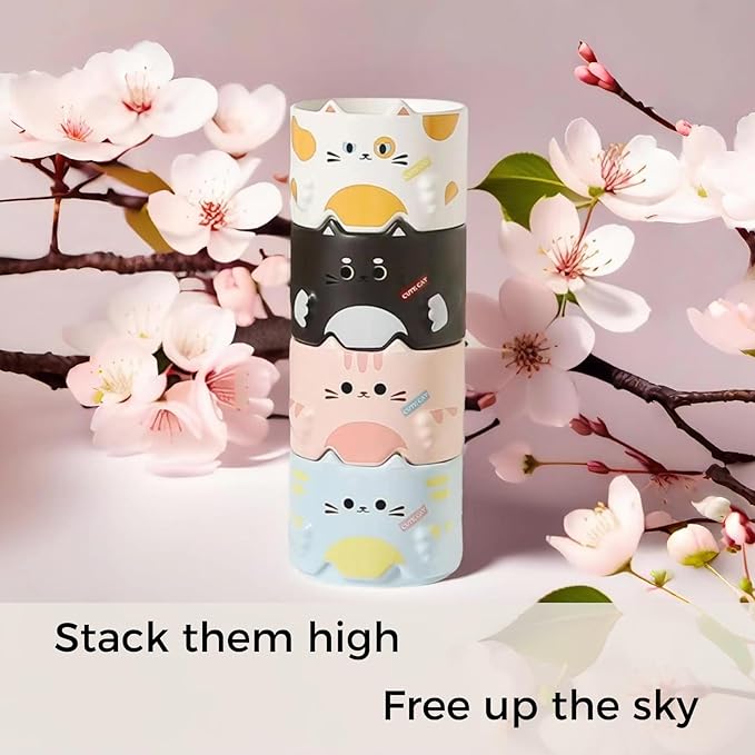 Stackable Mug Set of 4, Adorable Ceramic Coffee Mugs with Funny Cartoon Cat Designs, Perfect Gifts for Parties, Christmas, and Cat Lovers, 10 oz