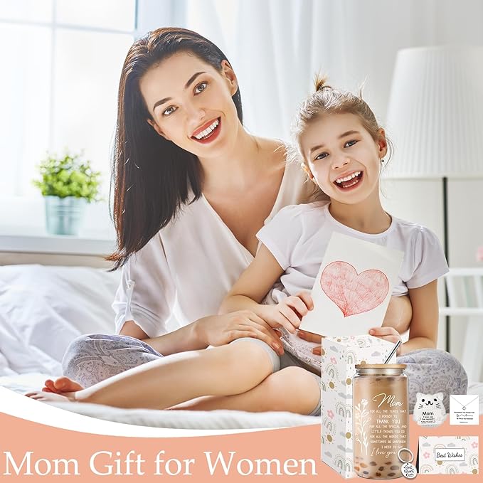 Best Mom Birthday Gifts for Moms Mama New Mom Mother from Daughter, Mothers Day Gifts Set with 16 oz Glass Cup Keychain