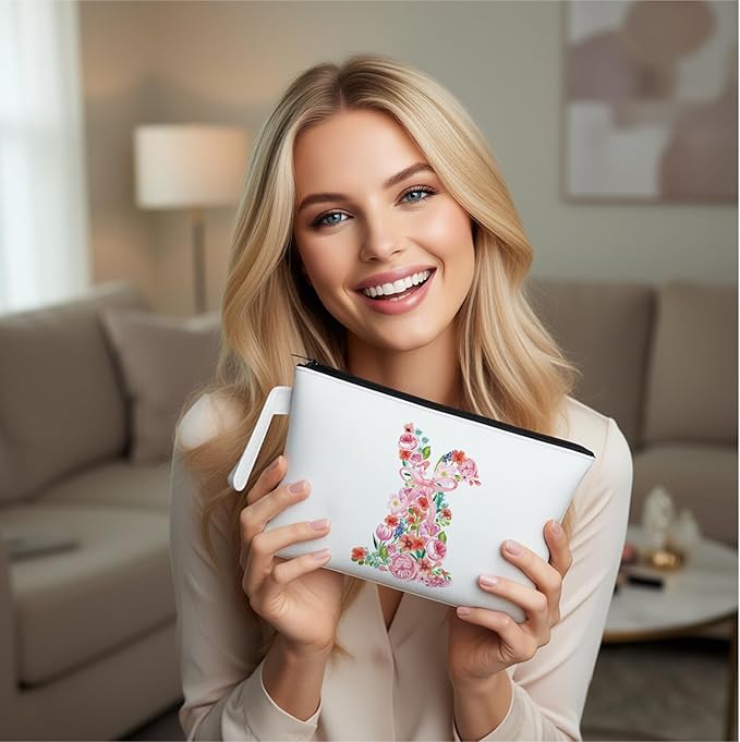 Pink Easter Makeup Bag - Watercolor Floral Easter Bunny Makeup Bag, Watercolor Floral Bunny Themed Gifts for Girls Mom Women, Cosmetic Travel Bags for Women