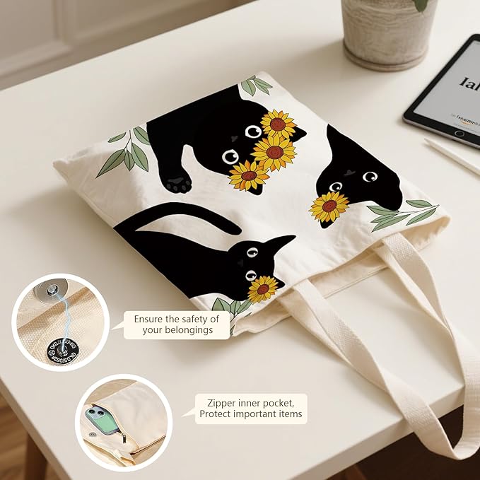 Aesthetic Canvas Tote Bag for Women - with Magnetic Snap Closure & Zipper Inner Pocket Reusable Bag for Shopping