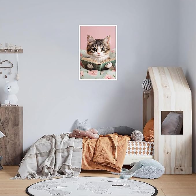 Trendy Cat Reading In Bed Canvas Wall Art Funny Pink Flower Animal Poster Funky Cat Lovers Monet Minimalist Prints Painting For Home Bedroom Kids Room Dorm Wall Decor 8x12in Unframed