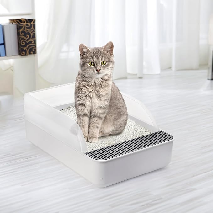 Lawei Open Top Cat Litter Box with High Side, Anti-Splashing Cats Litter Pan with with Litter Sifting Scoop, Semi-Closed Detachable Cat Cleaning Basin Kitten Toilet for Small Animal/Rabbit