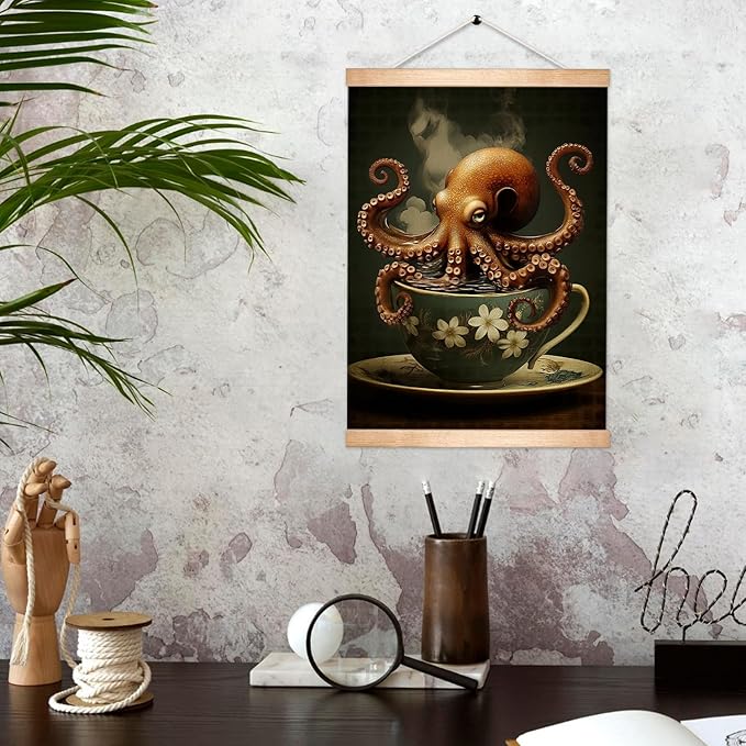 HEYJEEPER Whimsical Octopus in Teacup Wall Art Decor,14x18inch Gothic Dark Aesthetic Canvas Poster with Wood Frame, Retro Animal Poster for Kitchen,Living Room,Coffee Bar(Octopus)