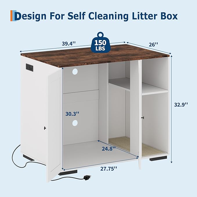 PeakPursuit Large Litter Enclosure Cabinet, XL Cat Robot Furniture with Dog Proof Shelf, Power Outlet & 5 Ft Cord, Fit for Most Self-Cleaning Litter Boxes White-A