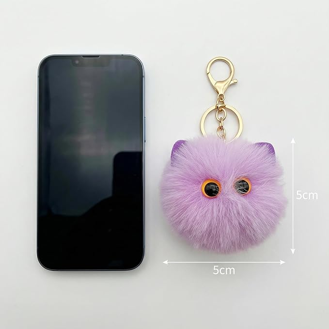 Cute Purple Cat Plush Keychain - Kawaii Lavender Cat Pom Pom Bag Charm, Mystical Keychain for Backpack Purse, Gift for Women Teens
