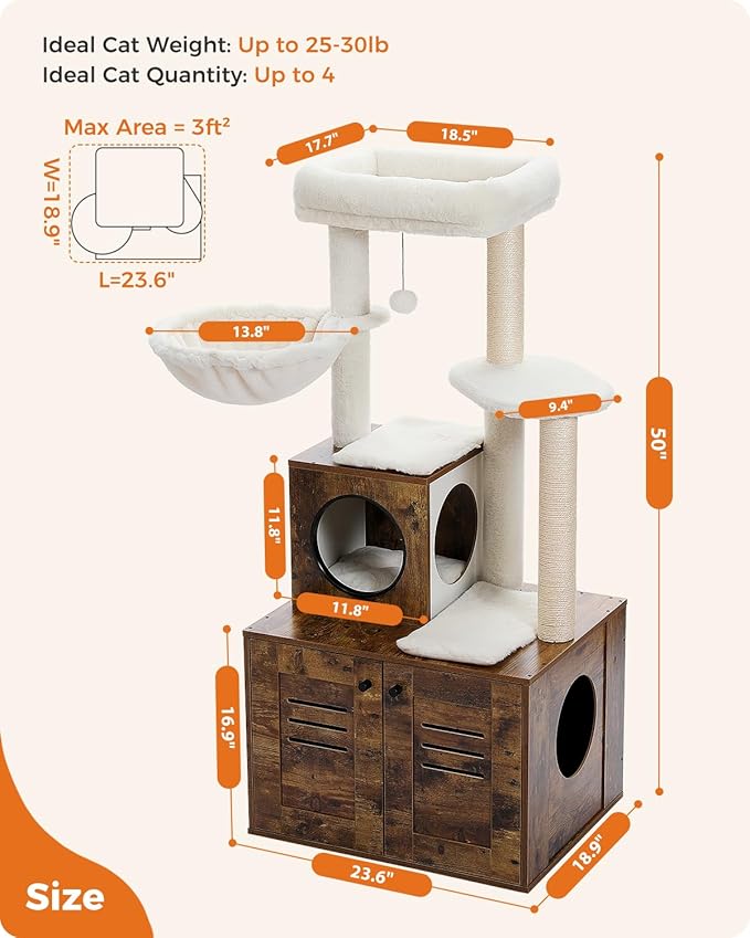 MUTTROS Cat Tree with Litter Box Enclosure, 50" Modern Cat Tree for Large/Fat Cats with Cat Condo, Wooden Cat Furniture with Large Hammock and Top Perch, Rustic Brown