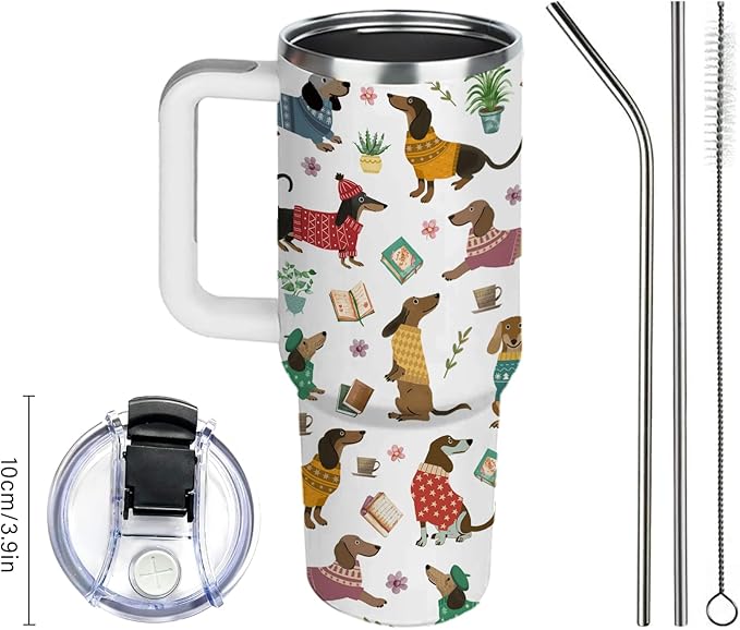 40oz Dachshund Tumbler with Handle and Straws, Leak-proof, Stainless Steel Insulated Travel Coffee Mug for Dachshund Lovers, Wiener Dog Enthusiasts Gifts for Women Men, Dachshunds Mom Dad Birthday Cup