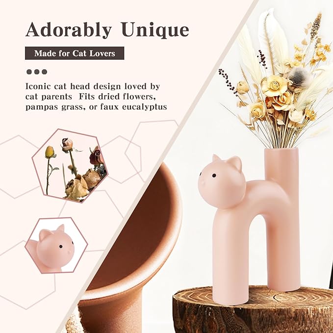 Cat Vase for Flowers, Cute Ceramic Vase Decor for Home, Pink Vase for Shelf Desk Bedroom, Cat Lover Gifts for Women, Cat Mom Gifts, Flower Vase for Dried Flowers, Pampas Grass