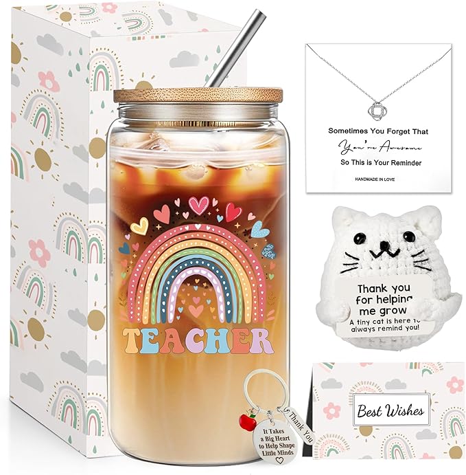 Teacher Birthday Gifts for Women, Teacher Appreciation Gifts, Thank You Christmas Retirement Gifts Set with 16 oz Glass Cup Necklace