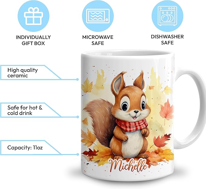 Hyturtle Personalized Fall Squirrel Coffee Mug - Birthday Gifts For Squirrel Lovers - Fall Autumn Decor Gifts For Farmhouse Thanksgiving - Custom Name 11oz White Ceramic Coffee Tea Mug