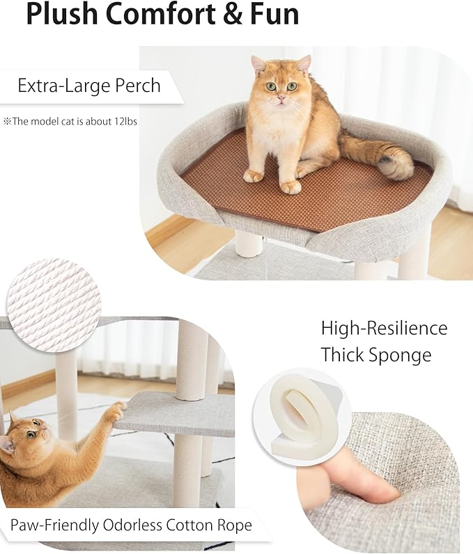 Mordern Cat Tree Tower 37.4'' (95 cm) with Scratching Posts,Multi-Level Cat Tree Tower with Large Base for Multiple Baby/Large Cats, Scratching Posts (Light Gray)