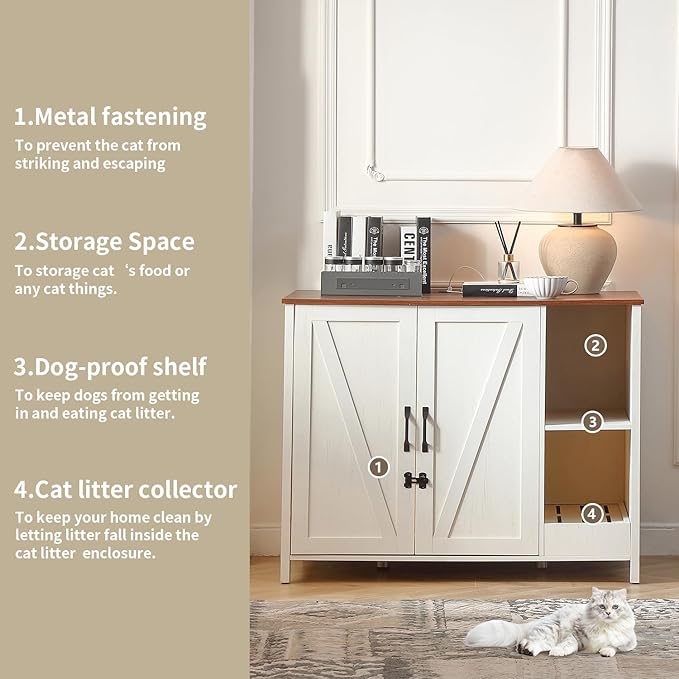 Large Cat Litter Enclosure with Litter Collector, Enclosure for self-Cleaning Litter Boxes,Adjustable Shelf for Dog Proof,Outlet,Locks Added for cat,Cat Washroom Cabinet,Antique White