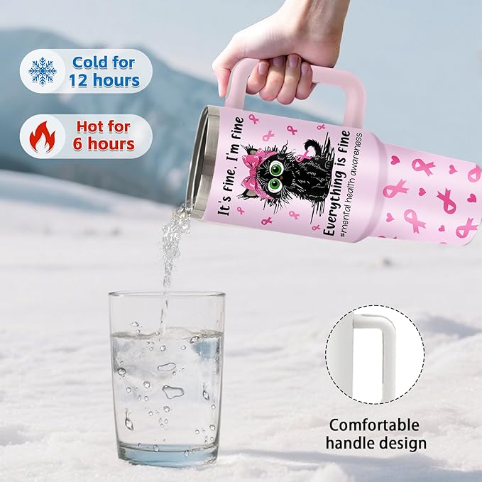 Cute Cat Lovers Gift - 40oz Fine Cats Themed Insulated Tumbler with Handle, Funny Cat Mom Gifts for Women & Girls, Stainless Steel Travel Mug, Birthday Christmas Anniversary Present