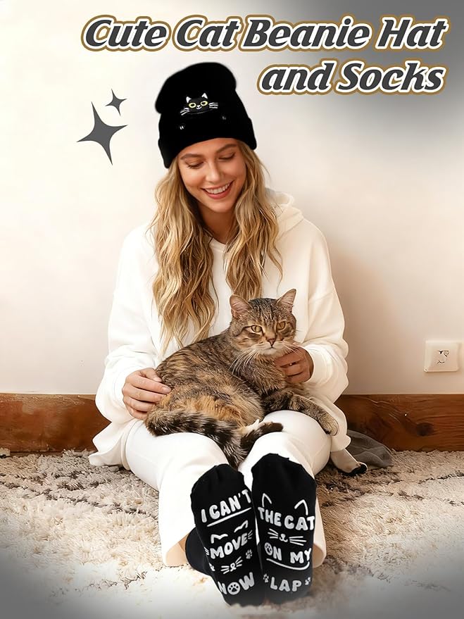 Cat Beanie and Funny Socks for Women - Cute Warm Gifts for Cat Lovers