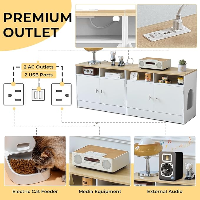 Cat Litter Box Enclosure for 2 Cats, TV Stand with Storage & Outlet, 63" Double Litter Box Enclosure Furniture, Wooden Enclosed Litter Box Cabinet, 63”L x 15.7”W x 23.6”H, White & Wood