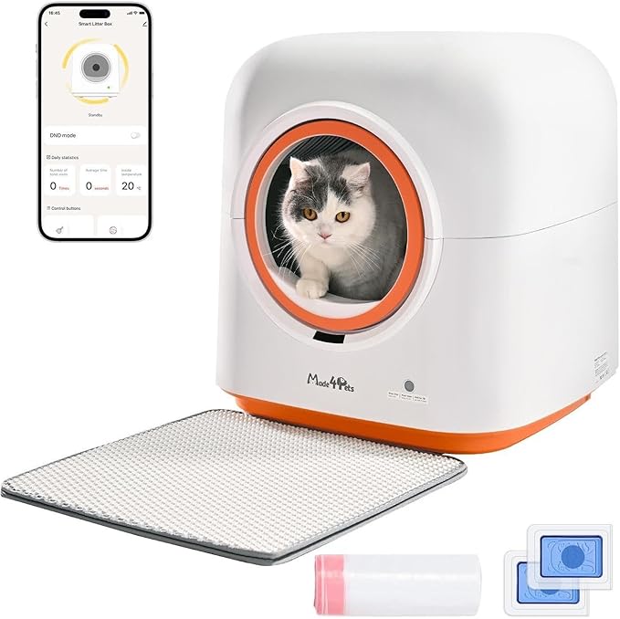 60L Self-Cleaning Litter Box with Automatic App Control PIR Motion Sensor Odor Elimination White and Orange Including Waste Bags