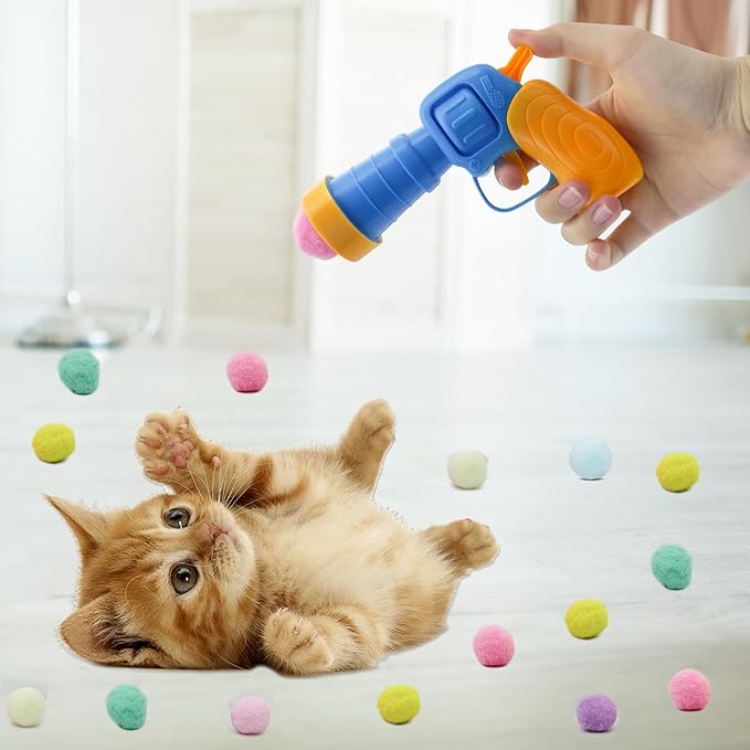 Andiker Cat Toy Balls Set, 30pcs Plush Cat Pom Pom Balls&a Plastic Launcher Set for Kitten Catch&Fetch Interactive Cat Toy with Colorful&Soft Cat Balls for Indoor Cats to Keep Fit (Blue 100balls)