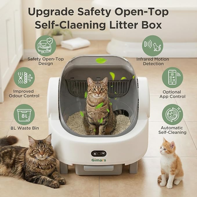 Gimars Open Top Design Self Cleaning Litter Box, Automatic Cat Litter Box for Multiple Cats & Senior Cats, App Control with Safety Sensors, Low Odor, Includes Trash Bags & Litter Mat