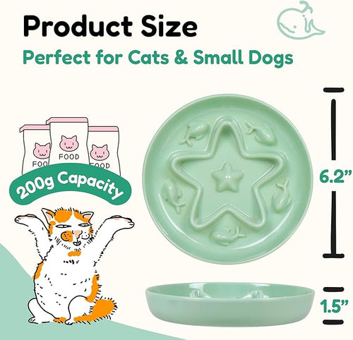 2 Pcs Cat Slow Feeder Bowl – Whisker Friendly Melamine Puzzle Feeding Cat Bowl for Slow Eating – Wet & Dry Food – Dishwasher Safe, Lightweight, Non-Slip (Ocean Mist + Seafoam Green, 6.3'')