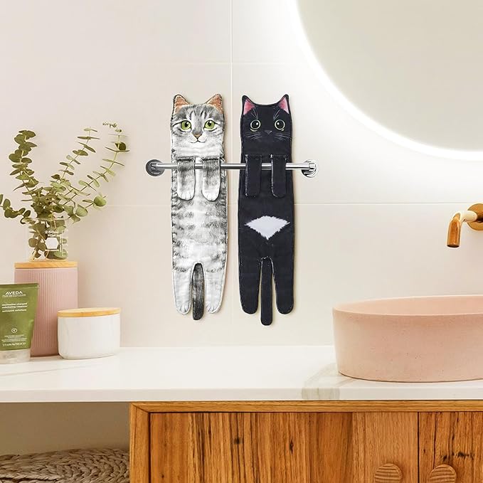 Funny Hand Towels for Bathroom Kitchen Decor - Cute Cat Hanging Hand Towel Kitchen Gadgets - Unique Housewarming Birthday Christmas Cat Lover Gift Ideas for Women Mom Lady Adults