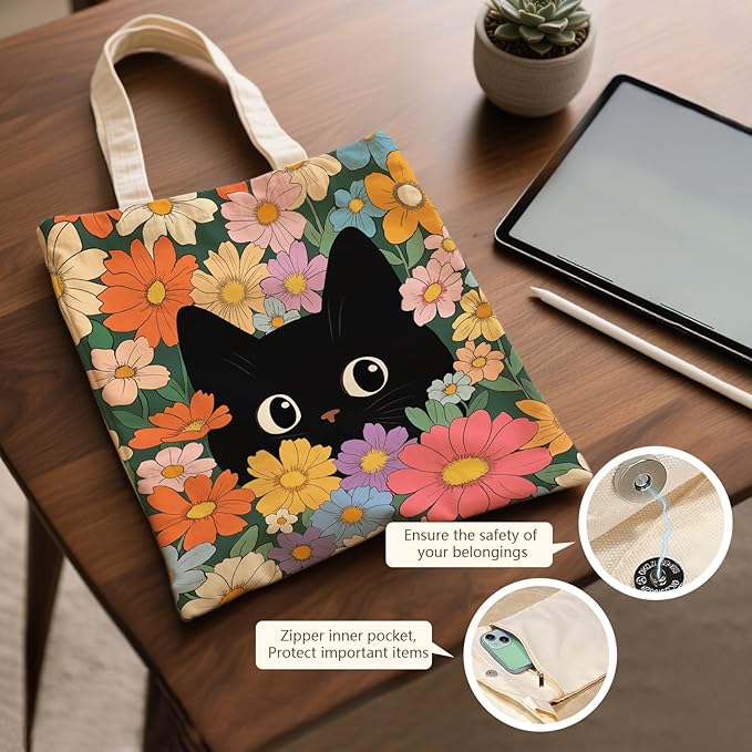 Aesthetic Canvas Tote Bag for Women - with Magnetic Snap Closure & Zipper Inner Pocket Reusable Bag for Shopping