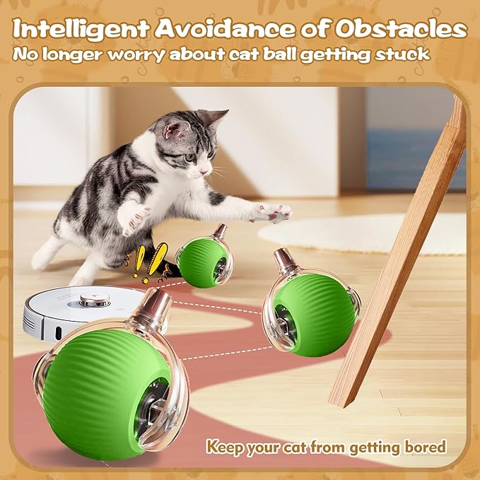 Interactive Cat Ball Toys for Indoor Cats, Upgraded Automatic Cat Toys for Bored Indoor Adult Kitty, Peppy Pet Ball for Cats, 360°Smart Rolling Kitty Balls Toy (Green)