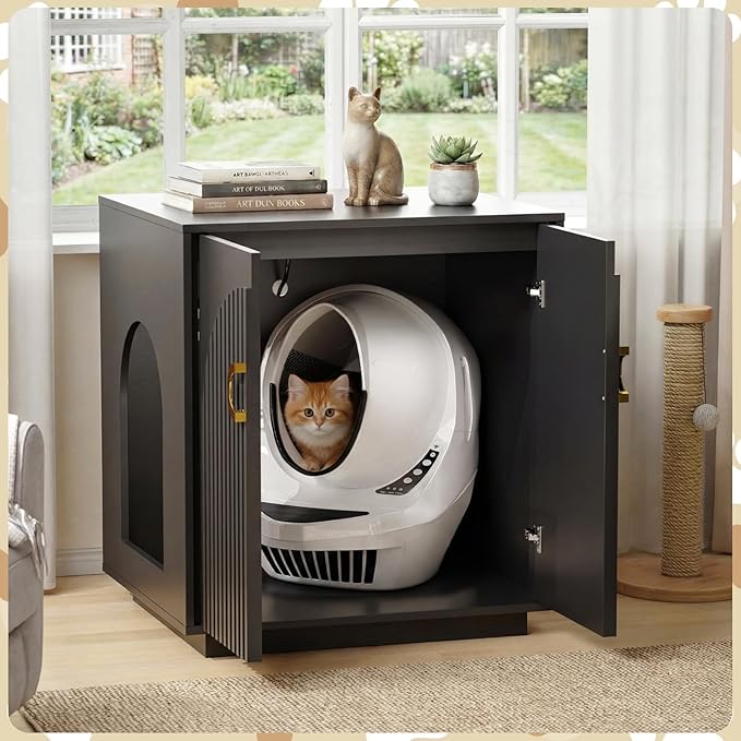 Large Cat Litter Box Enclosure for Self Cleaning Litter Box, 34.84" Tall Litter Boxes Furniture w/Outlets, Modern Cat House, Hidden Cat Litter Furniture for Living Room Black