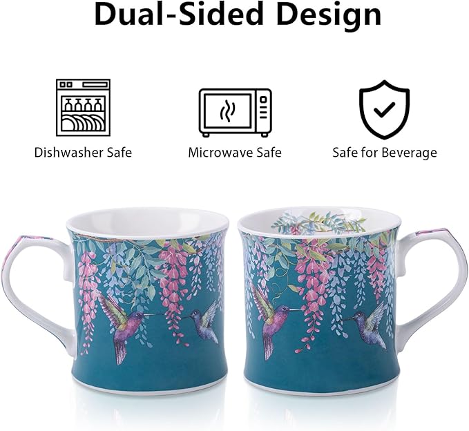 Spring Hummingbird Floral Coffee Mug, 12oz Dark Teal Ceramic Mug with Wisteria and Fluttering Hummingbird, Elegant Gift Mug for Mom, Women & Bird Lovers, Designed in England by Harvest Green Studio