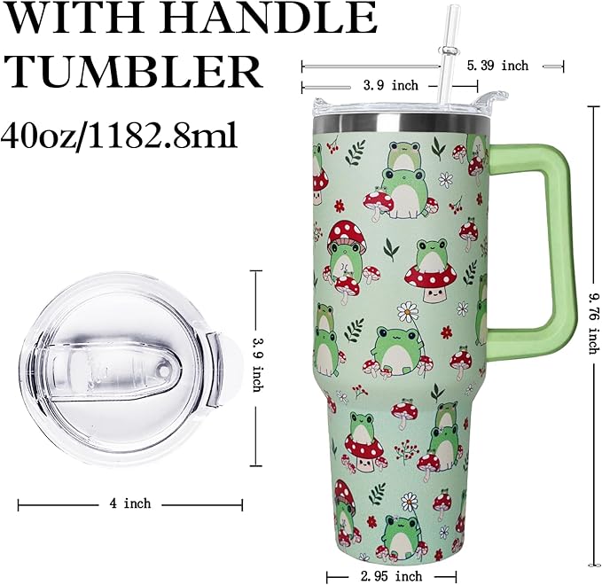 Ceovfoi 40 oz Frog Tumbler With Handle, Lid and Straw - Cute Green Kawaii Mushroom Gifts for Women, Decor, Accessories