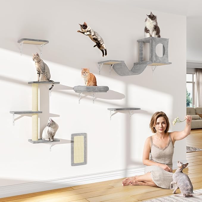 6-in-1 Cat Wall Shelves, Wall Mounted Cat Climber with Condo House, Scratching Post, Bridge Ladder, Space-Saving Indoor Play Furniture for Kittens, Grey