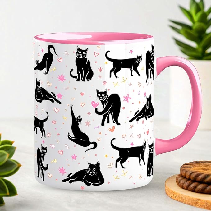 Black Cat Mug 11 Oz Cute Ceramic Coffee Tea Cup for Women, Funny Cats Lover Gift for Christmas, Birthday, Housewarming - Gifts for Her, Mom, Cat Ladies, Kids and Friends