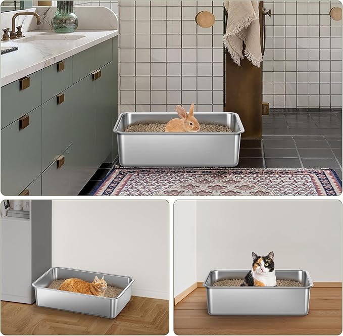 Gimars Extra Large Thicken Stainless Steel Litter Tray - Easy to Clean High Side Rustproof, Never Absorbs Odors Metal Litter Tray for Cats Rabbits
